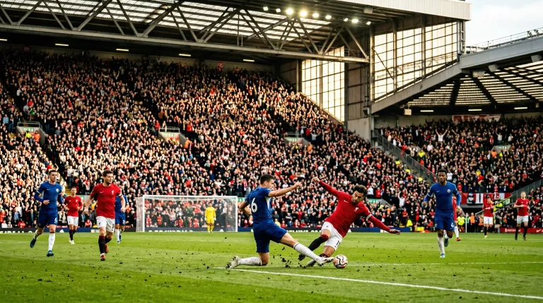 Engels voetbalstadion met groen grasveld en volle tribunes tijdens een Premier League wedstrijd