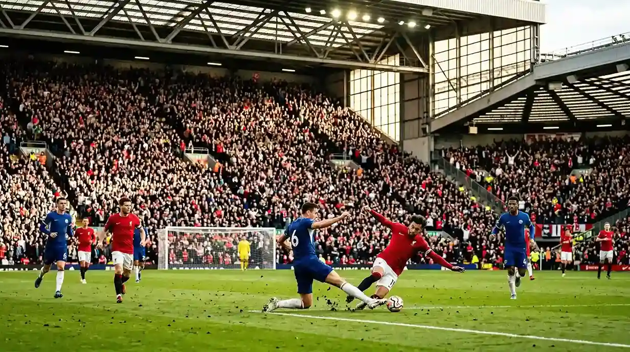 Engels voetbalstadion met groen grasveld en volle tribunes tijdens een Premier League wedstrijd